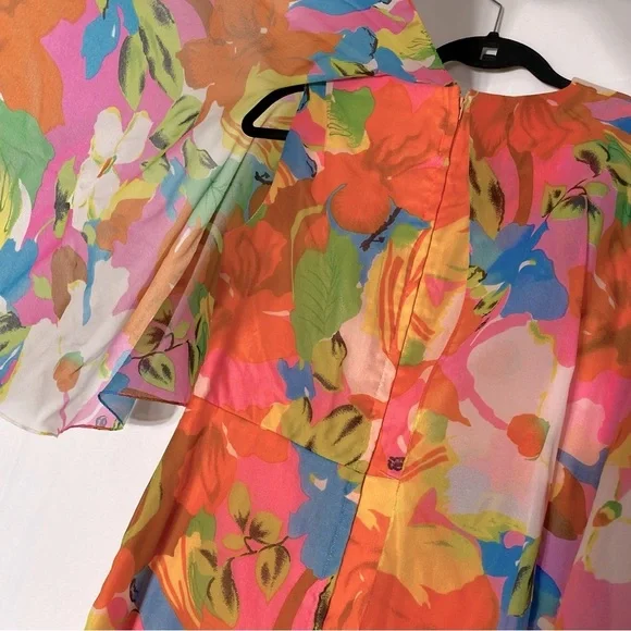 Vintage 60’s 70’s Orange Pink Blue Floral Capelet Chiffon Maxi Dress M Boho - Picture 11 of 16